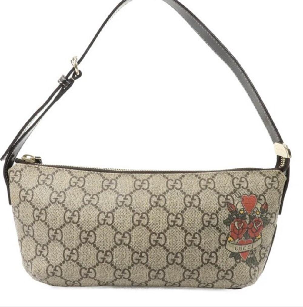 Gucci GG Beige Brown Shoulder Bag Zip Tiger Graphic Gold Hardware Black Strap